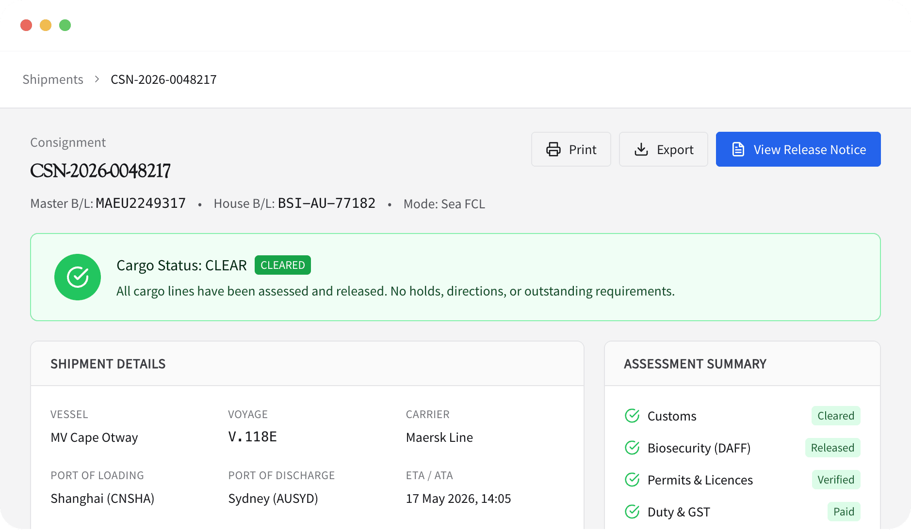 App screen showing Customs clear status
